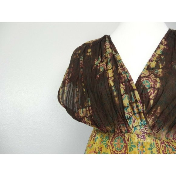 Etc Womens Dress Top L Short Sleeve Sheer Floral Brown Yello Pink Green NWT - Picture 10 of 10